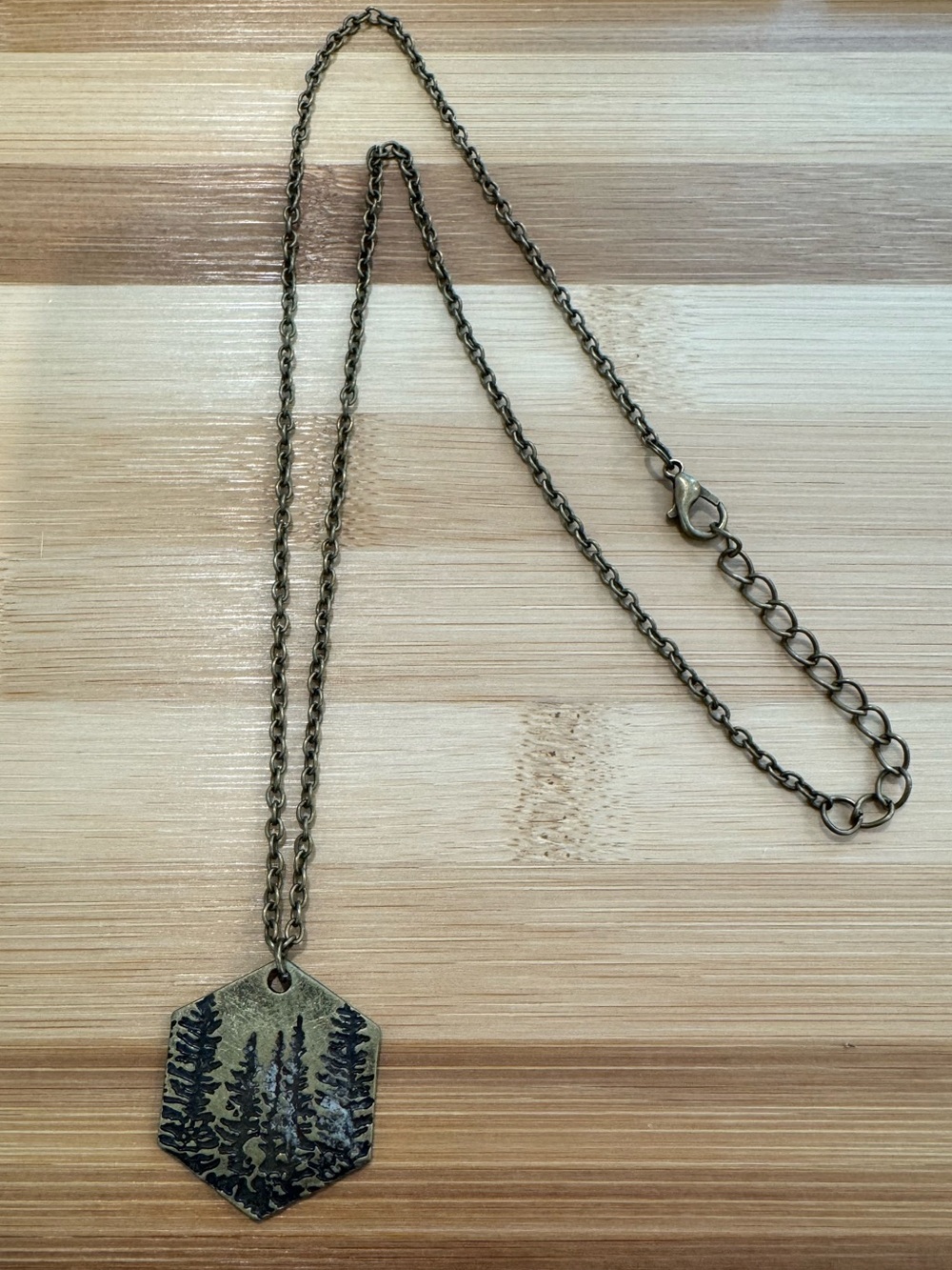 Woodland Forest Pendant Necklace Antiqued Brass Tone Evergreen Trees